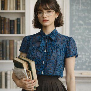 Fletcher Sheer Short Puffy Sleeve Blouse Bow Tie Neck Whimsigoth Victorian Fairy